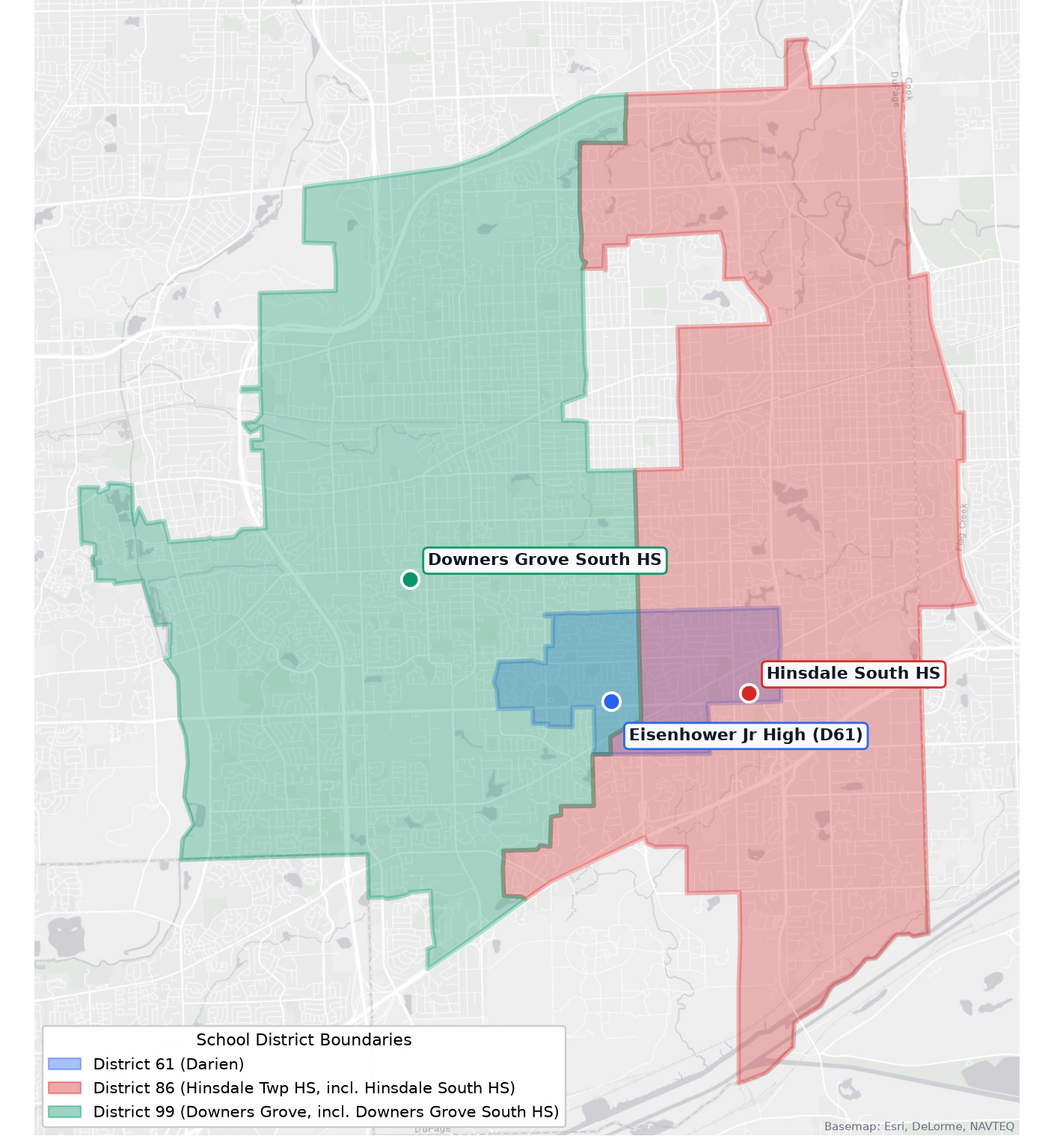 Map of District 61's boundary straddling the Cass Avenue line, with the overlapping District 86 (Hinsdale South) and District 99 (Downers Grove South) attendance zones shown in red and green, and Eisenhower Junior High marked inside the overlap.